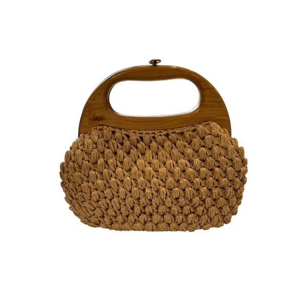 Vintage Excellent Condition Beige Woven Raffia Bag Wood Handle, Gold Clasp - Picture 1 of 7
